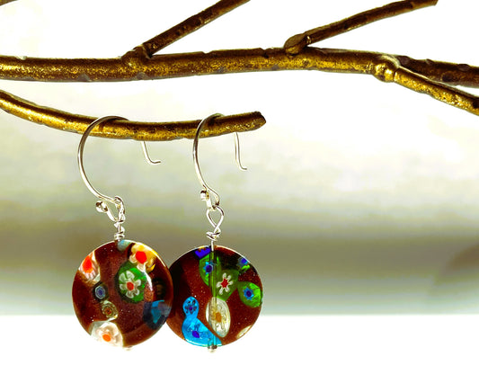 Gold millefiori disc earrings