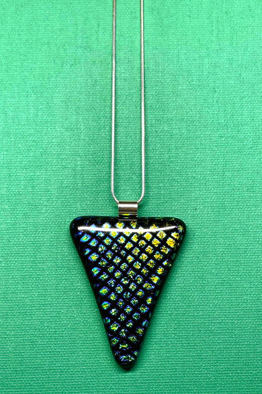 Peacock blues and greens and golds! A geometric fused glass pendant