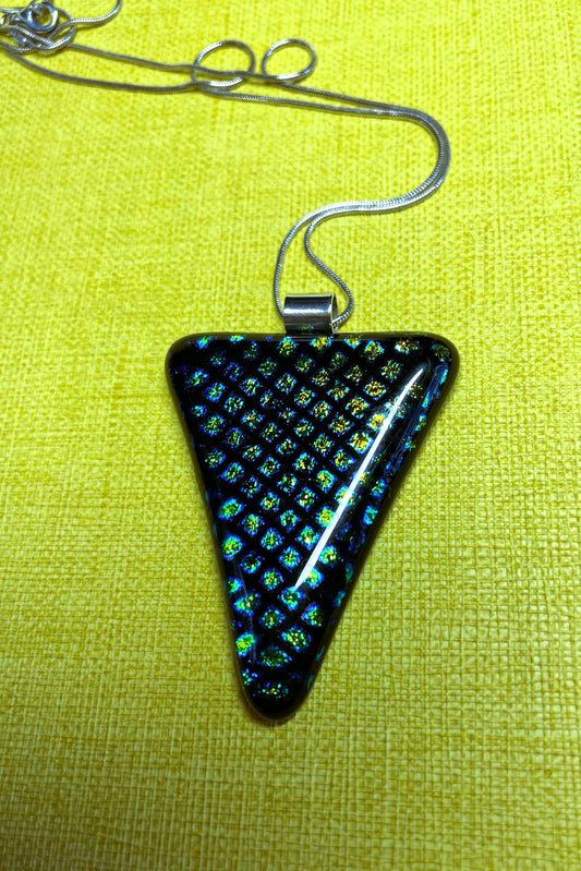 Peacock blues and greens and golds! A geometric fused glass pendant