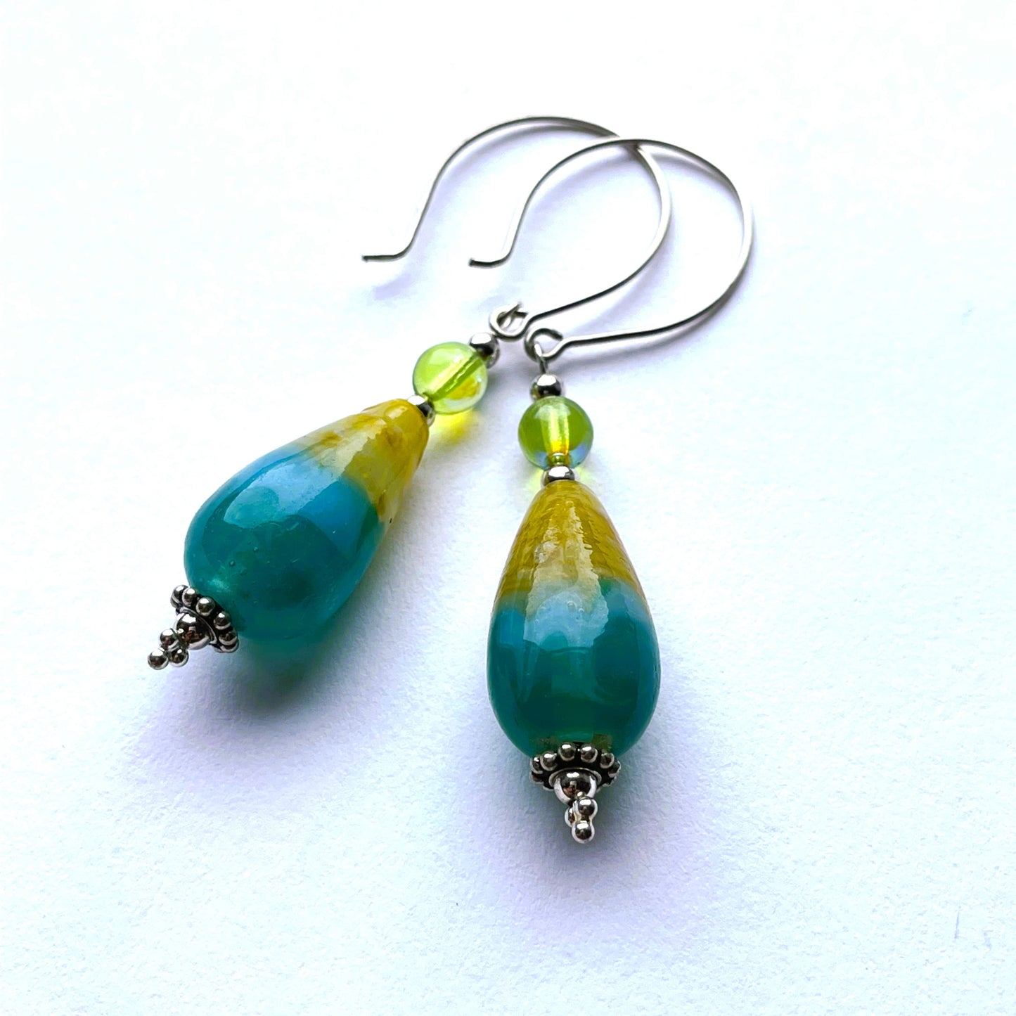 Lampwork teal and olive drop earrings