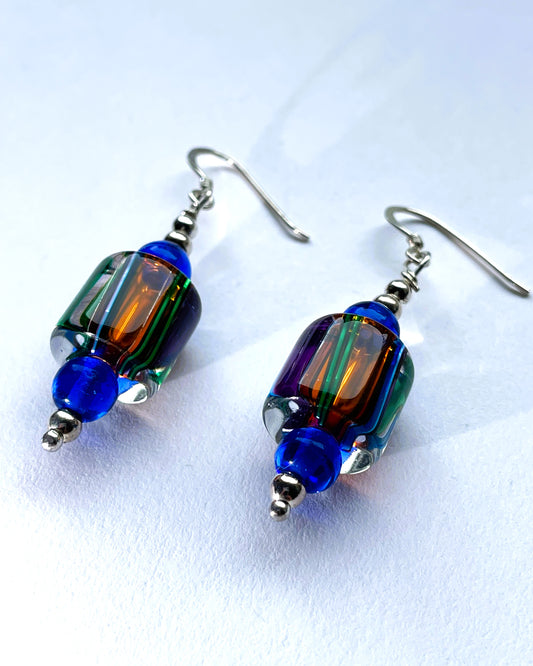 Blue lampwork stripey earrings