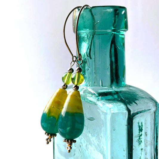 Lampwork teal and olive drop earrings