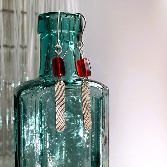 Long Red Bead Silver Metal Clay Earrings
