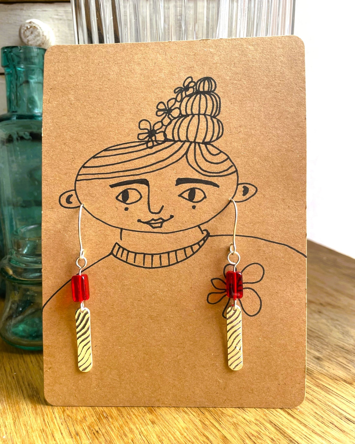 Long Red Bead Silver Metal Clay Earrings