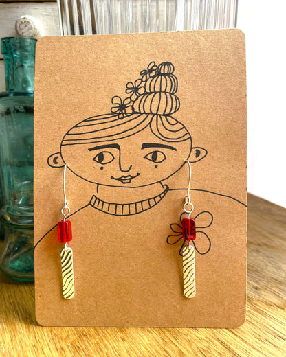 Long Red Bead Silver Metal Clay Earrings