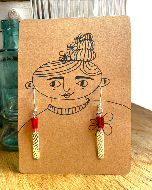 Long Red Bead Silver Metal Clay Earrings