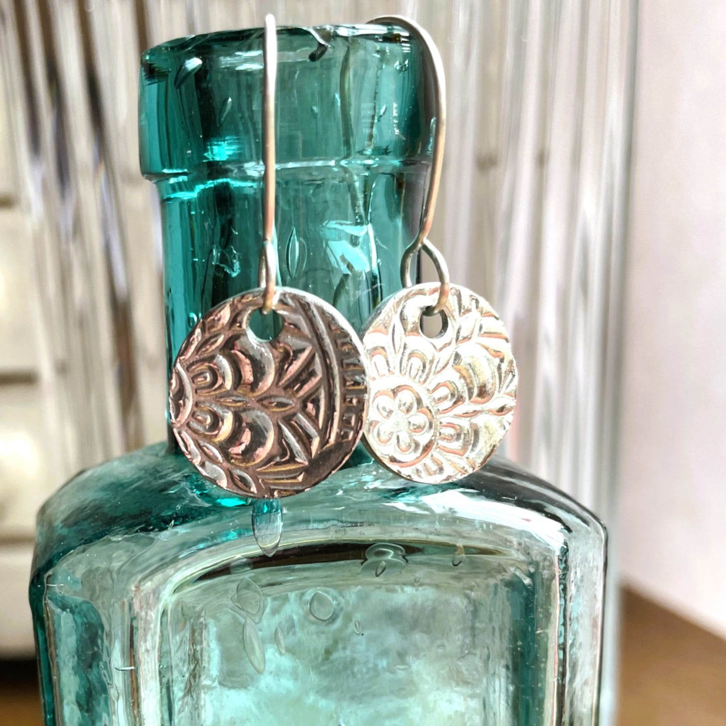 Round Floral Silver Metal Clay Earrings