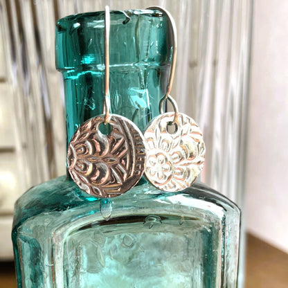 Round Floral Silver Metal Clay Earrings