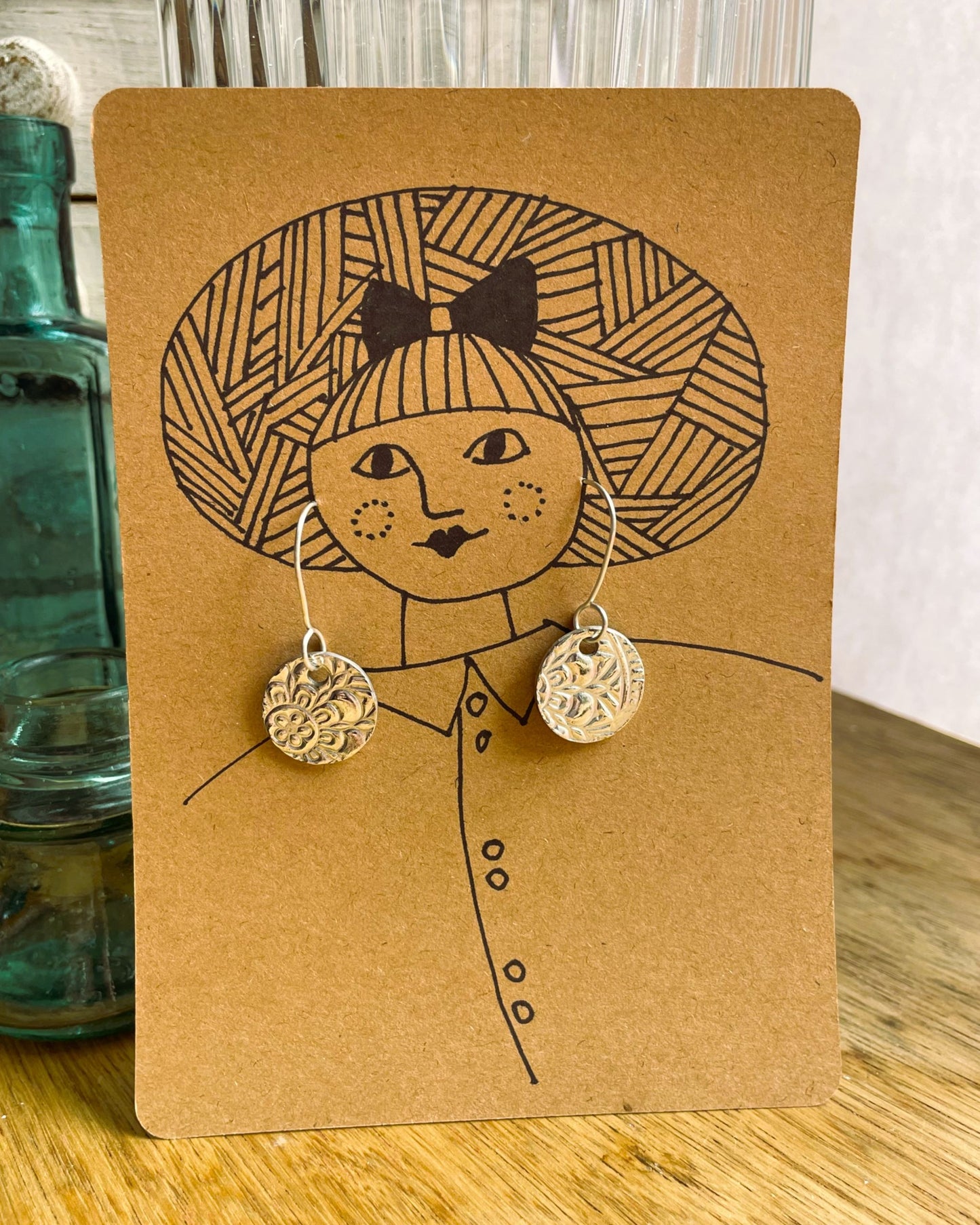 Round Floral Silver Metal Clay Earrings