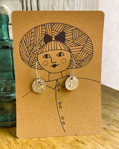 Round Floral Silver Metal Clay Earrings