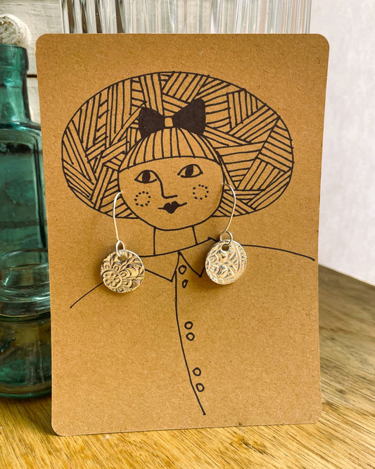 Round Floral Silver Metal Clay Earrings