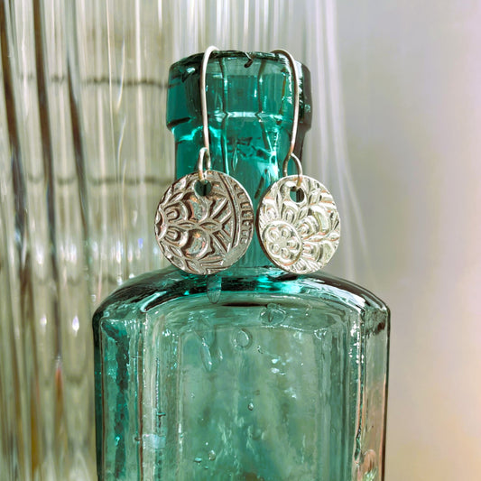 Round Floral Silver Metal Clay Earrings