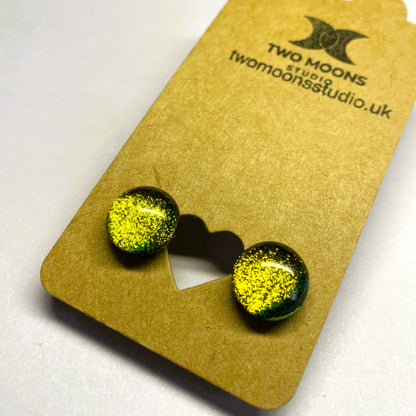 Olive Green and Gold Dichroic Glass Stud Earrings