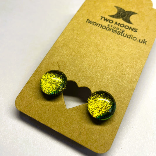 Olive Green and Gold Dichroic Glass Stud Earrings