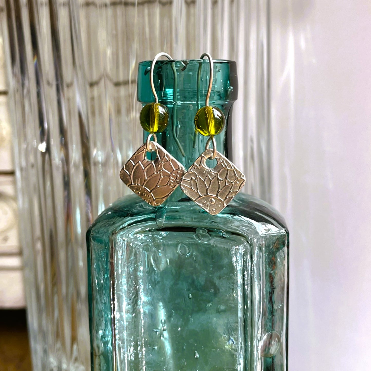 Sunflower Square Silver Metal Clay Earrings with Olive Beads