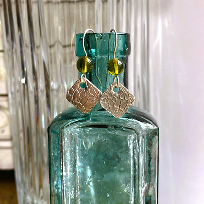 Sunflower Square Silver Metal Clay Earrings with Olive Beads