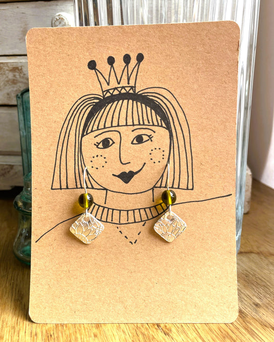 Sunflower Square Silver Metal Clay Earrings with Olive Beads