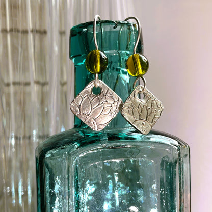 Sunflower Square Silver Metal Clay Earrings with Olive Beads