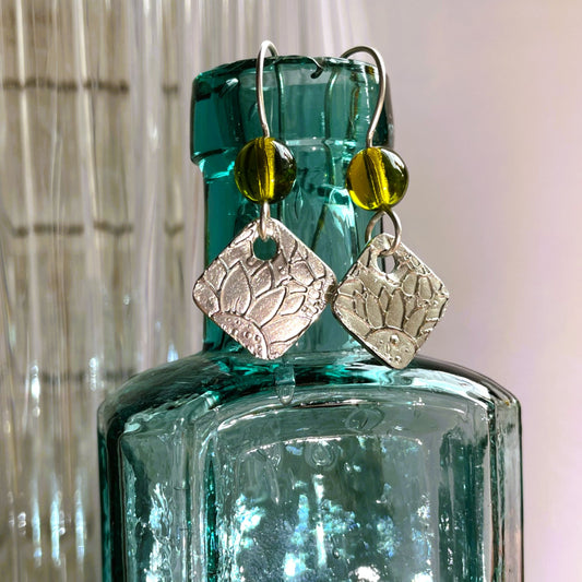 Sunflower Square Silver Metal Clay Earrings with Olive Beads