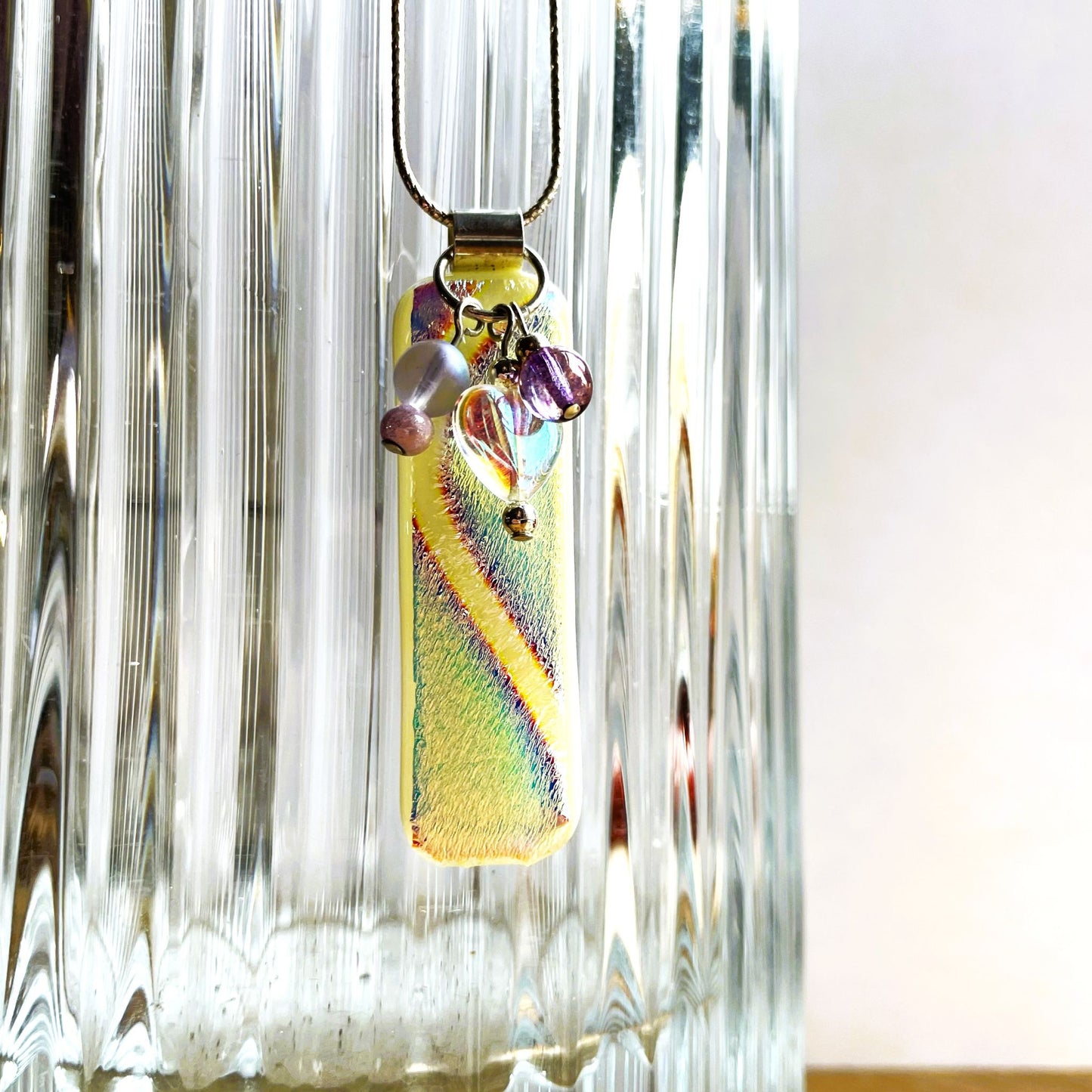 Vanilla & Dichroic Glass Pendant with Gemstone Charms