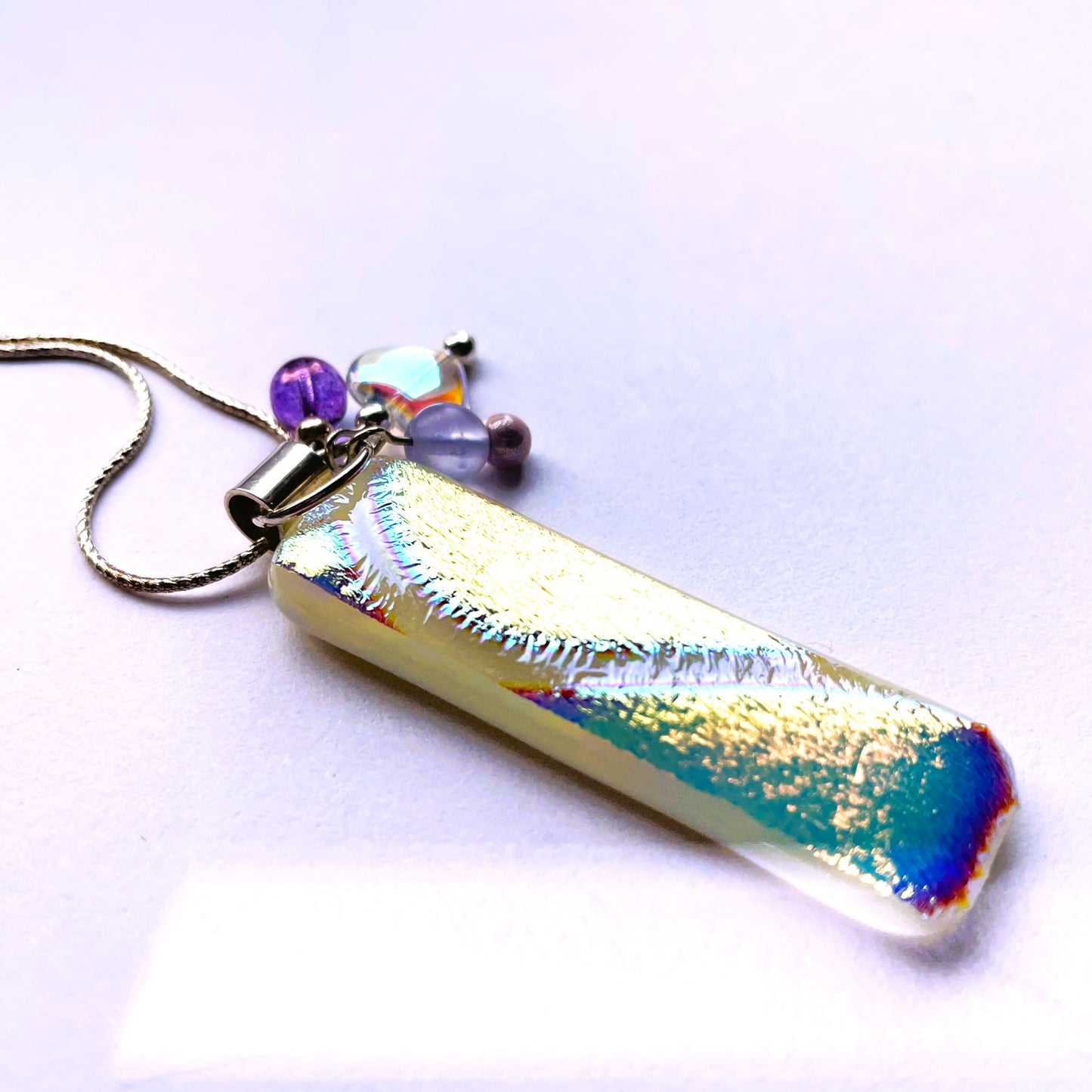 Vanilla & Dichroic Glass Pendant with Gemstone Charms
