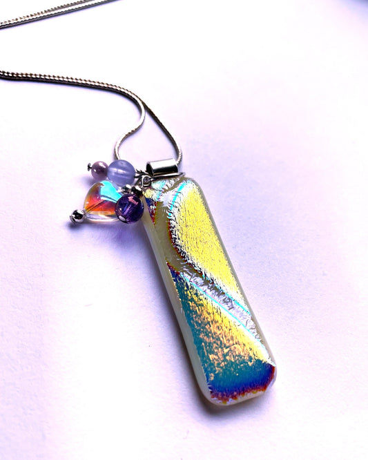 Vanilla & Dichroic Glass Pendant with Gemstone Charms