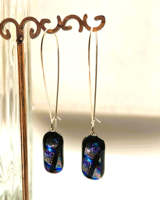 Petrol Squares Dichroic earrings on large kidney wires
