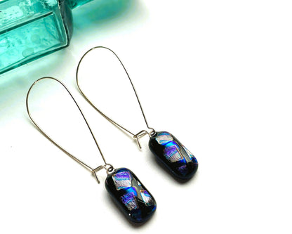 Petrol Squares Dichroic earrings on large kidney wires