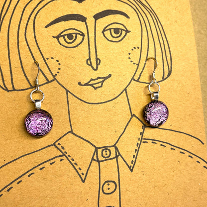 Pink & Black Speckle Dichroic Glass Drop Earrings