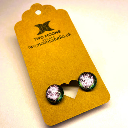 Pink with a Touch of Green Dichroic Glass Stud Earrings