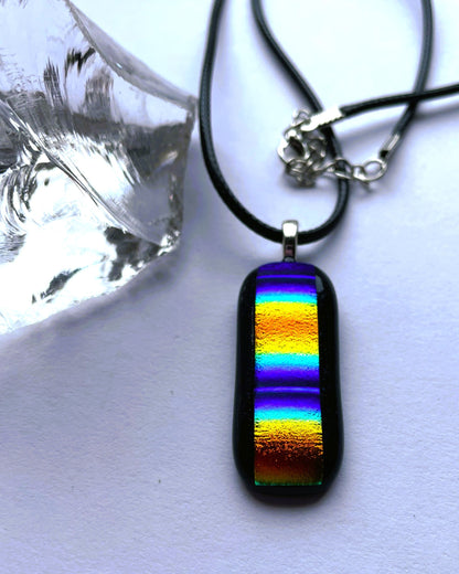 Rainbow Dichroic Glass Pendant Necklace with Black Cord