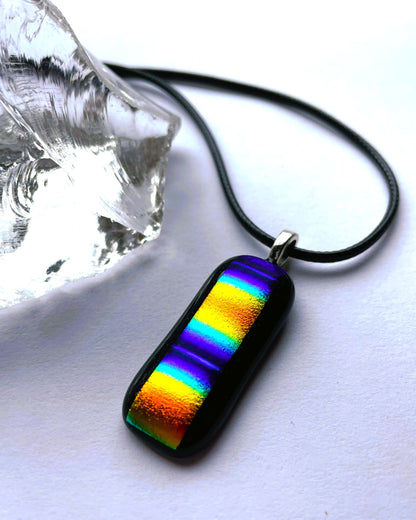 Rainbow Dichroic Glass Pendant Necklace with Black Cord