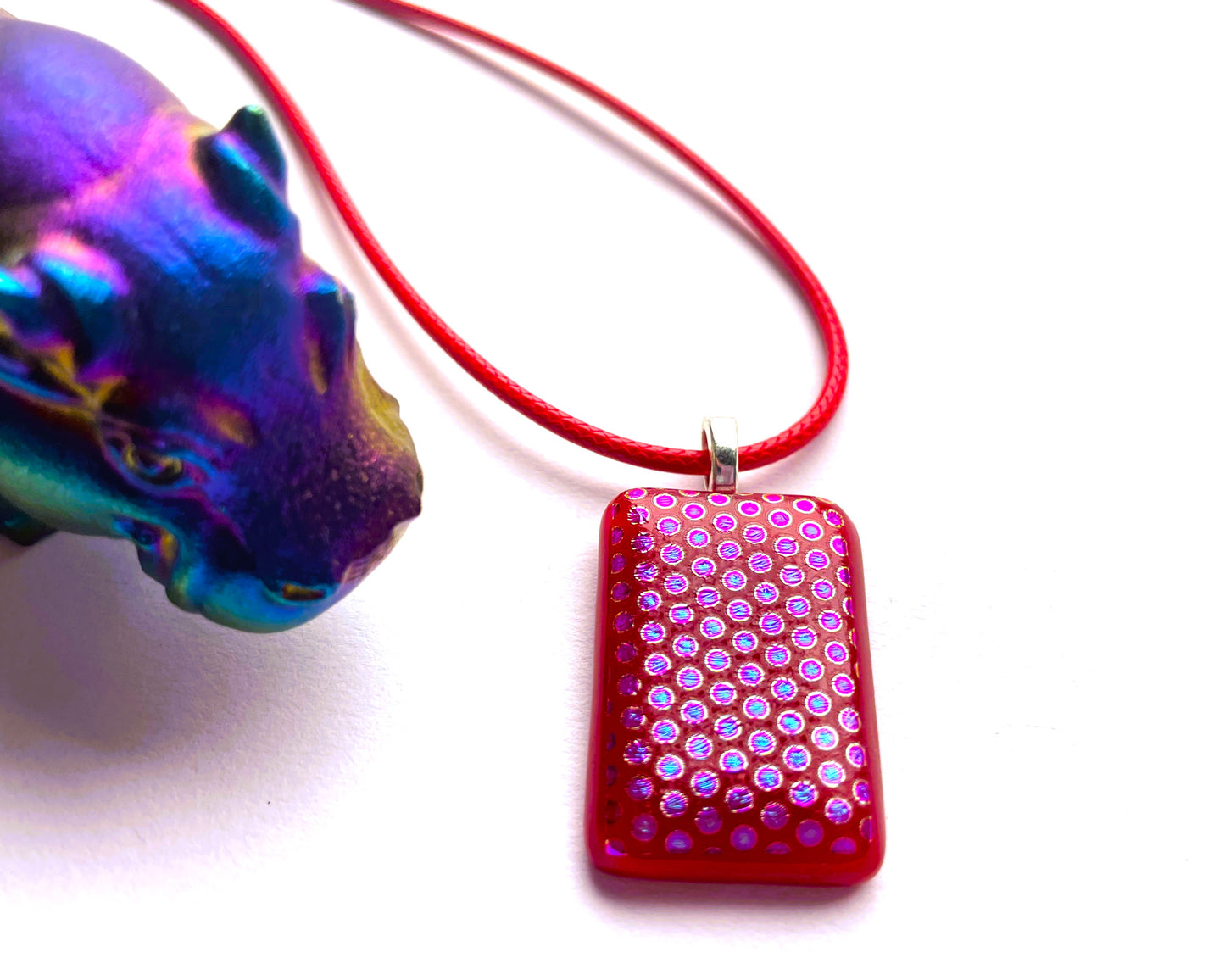 Red Dichroic Glass Pendant – Spotty Blue & Pink