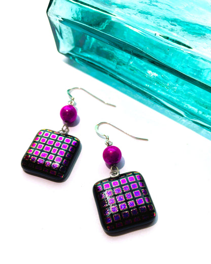 Purple and pink checked dichroic earrings