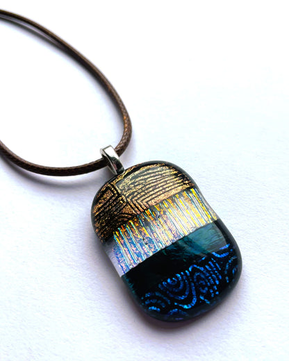 Four Texture Dichroic Glass Pendant – Brown, Gold & Petrol Blue