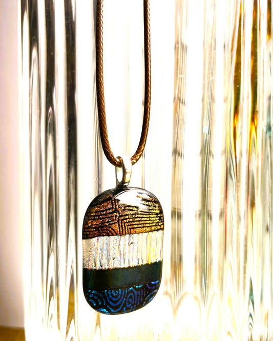 Four Texture Dichroic Glass Pendant – Brown, Gold & Petrol Blue