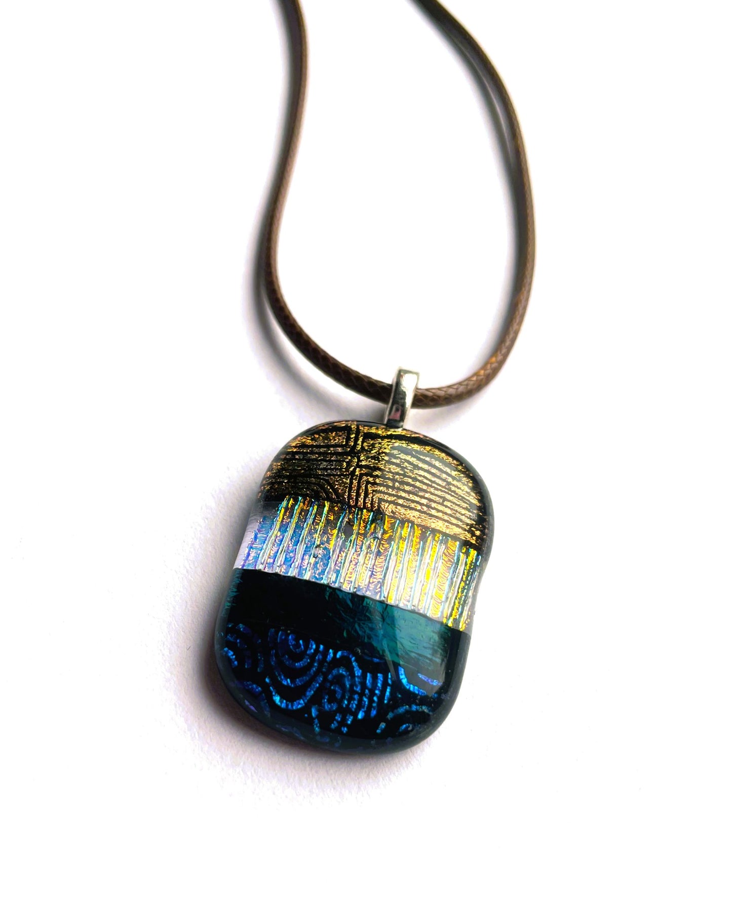 Four Texture Dichroic Glass Pendant – Brown, Gold & Petrol Blue