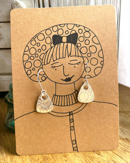 Sunflower Teardrop Silver Metal Clay Earrings