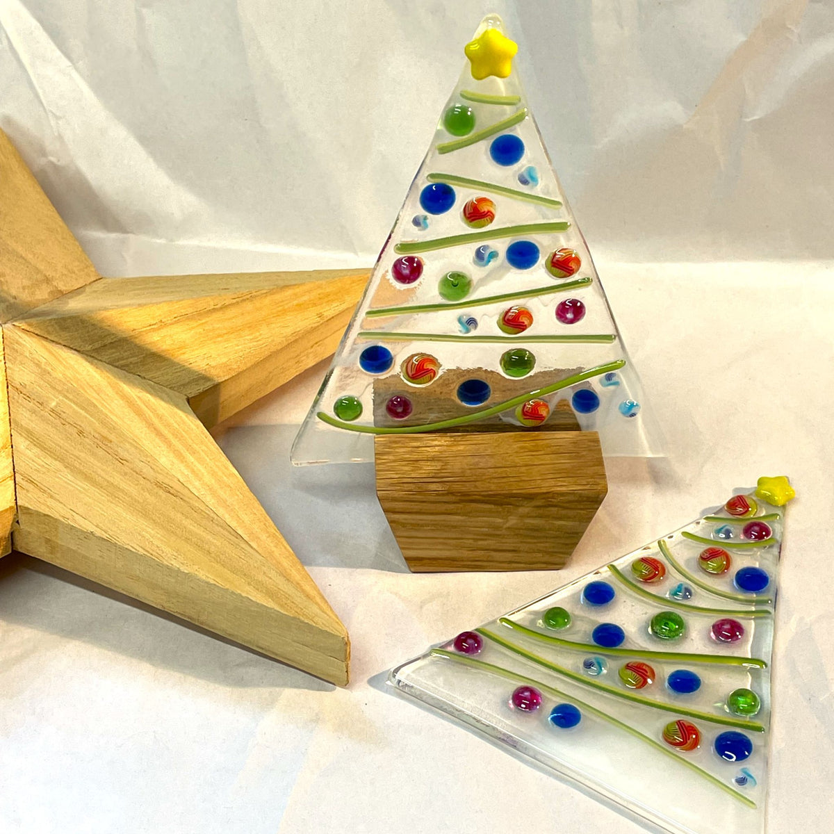 Made-to-order fused-glass Christmas tree with colourful baubles and oak base