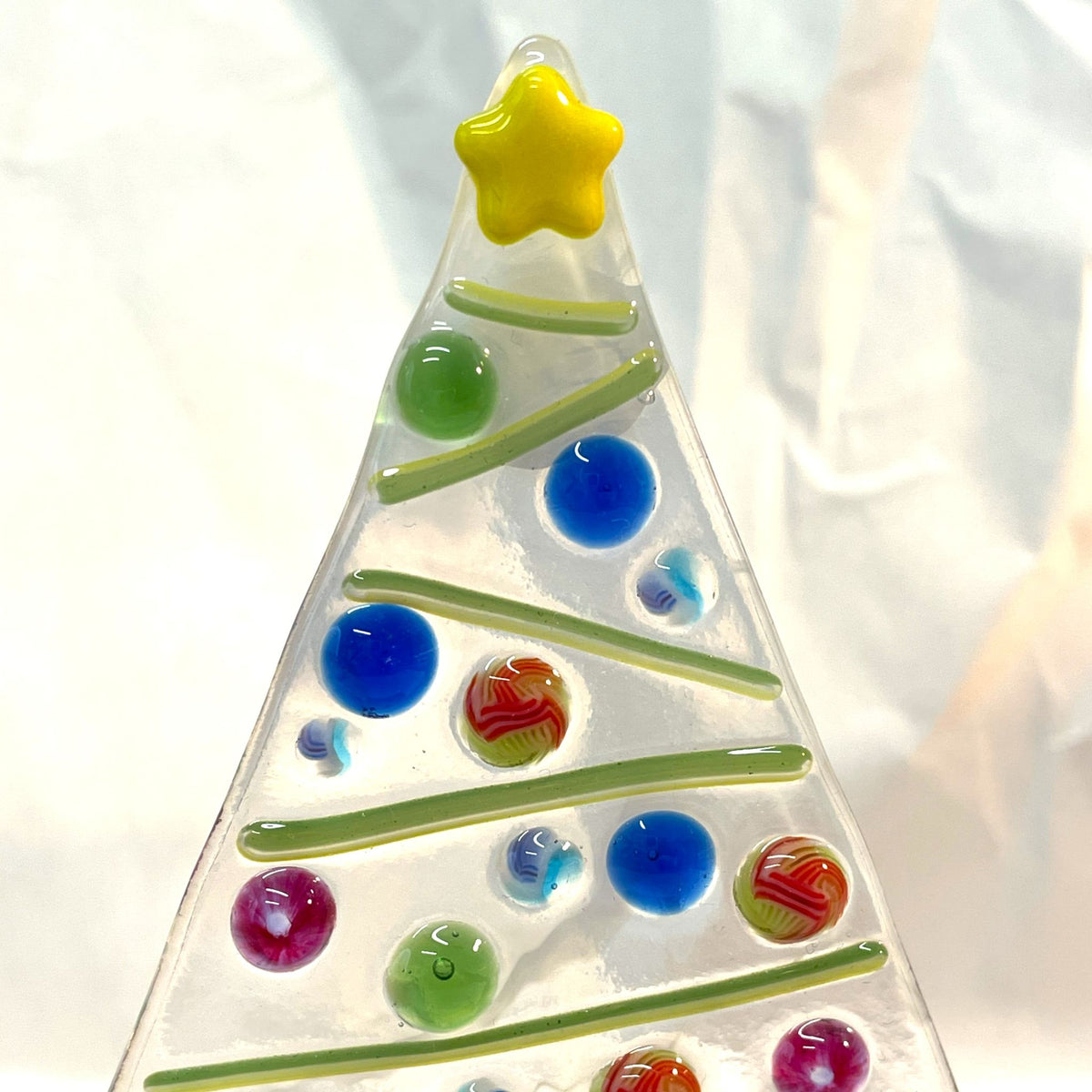 Full view of made-to-order fused-glass Christmas tree with oak base
