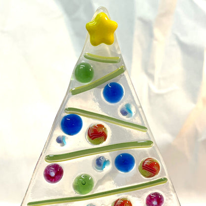 Full view of made-to-order fused-glass Christmas tree with oak base