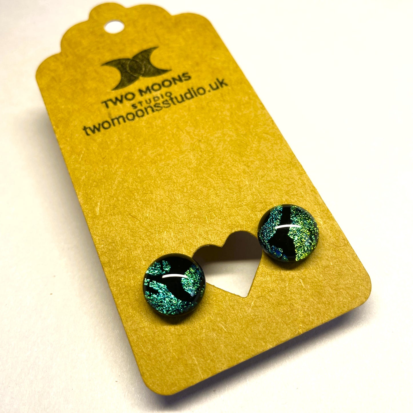 Turquoise Green Dichroic Glass Stud Earrings with Black Pattern