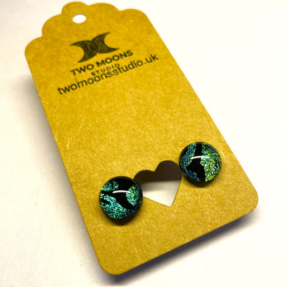 Turquoise Green Dichroic Glass Stud Earrings with Black Pattern