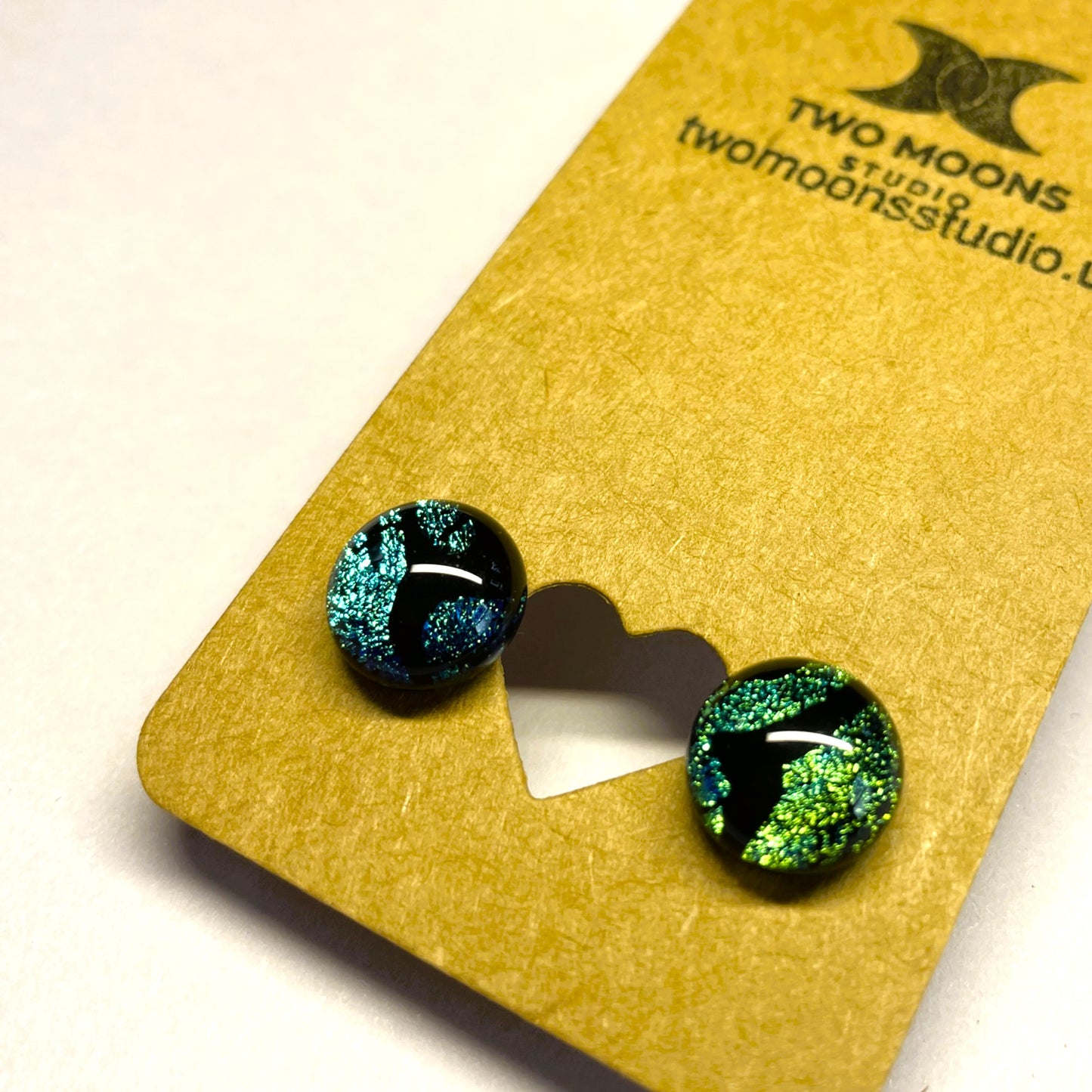Turquoise Green Dichroic Glass Stud Earrings with Black Pattern