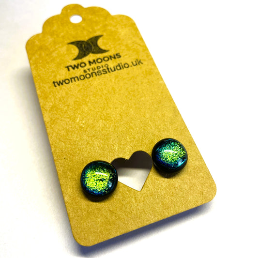 Cat's Eye Green and Turquoise Shifting Dichroic Glass Stud Earrings